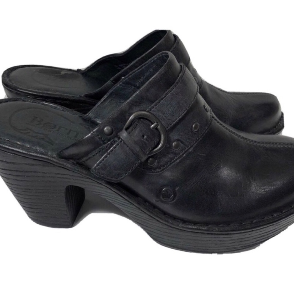 Born Leather Black Clogs with Silver Buckle and Studs. Size 9.